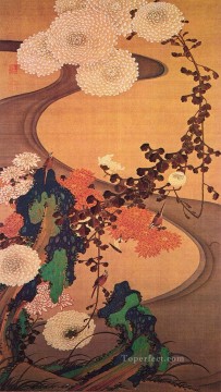 日本 Painting - 岩のある小川の菊 1760年 伊藤若冲 日本